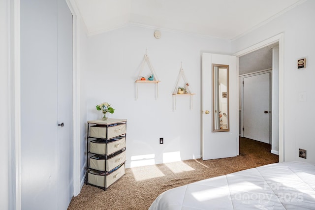 carpeted bedroom with crown molding and lofted ceiling