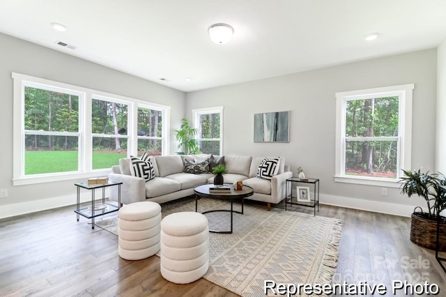 living room featuring visible vents, recessed lighting, baseboards, and wood finished floors