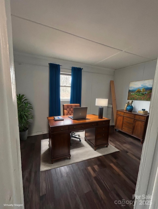 home office featuring dark wood-style floors