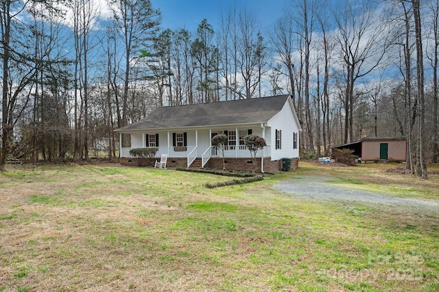 single story home featuring a porch, a front lawn, roof with shingles, and crawl space