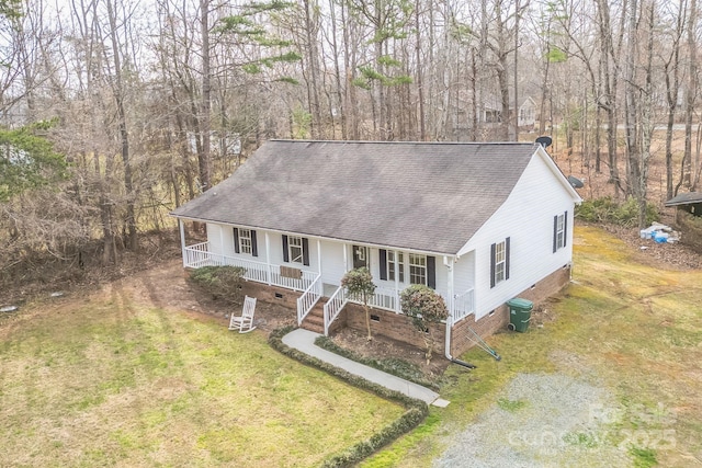 ranch-style home with a front lawn, roof with shingles, covered porch, crawl space, and central AC unit