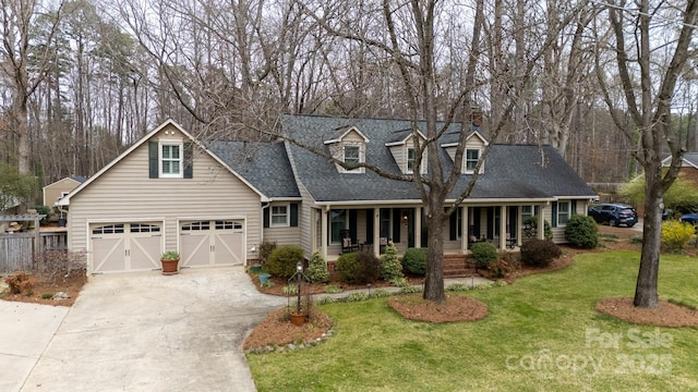 cape cod-style house with a front lawn, a porch, roof with shingles, concrete driveway, and a garage