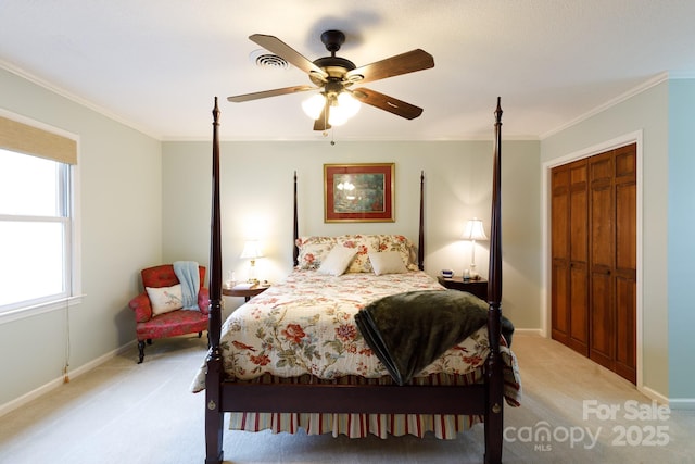 bedroom with visible vents, baseboards, ceiling fan, crown molding, and light colored carpet