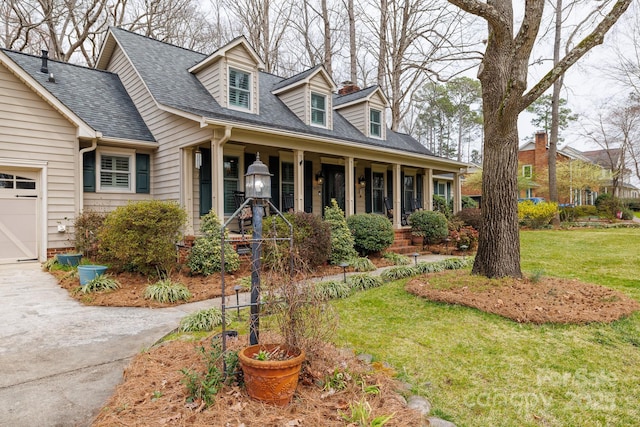 new england style home featuring a shingled roof, a porch, a front yard, driveway, and an attached garage