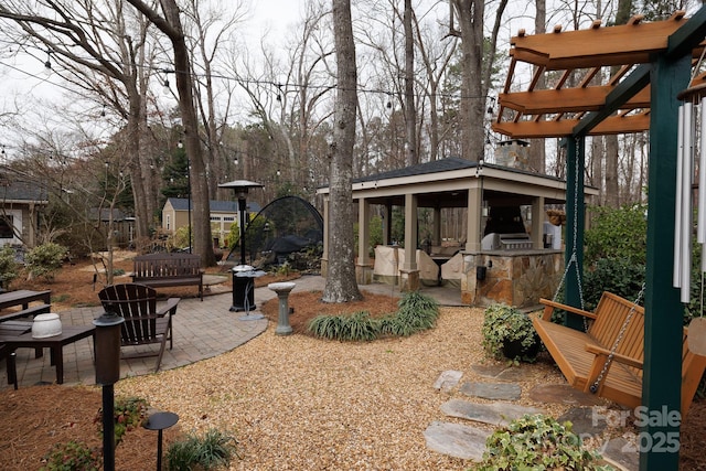 view of yard featuring a patio area, an outbuilding, exterior kitchen, and a pergola