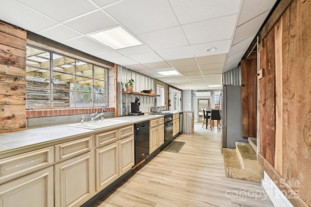 kitchen featuring light wood finished floors, a sink, black appliances, light countertops, and cream cabinets