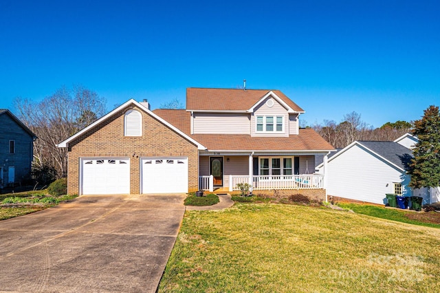 traditional home featuring a front lawn, driveway, covered porch, an attached garage, and brick siding