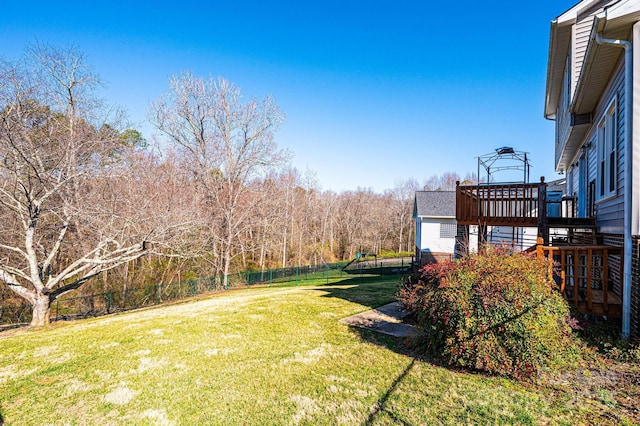 view of yard featuring a deck, stairs, and fence