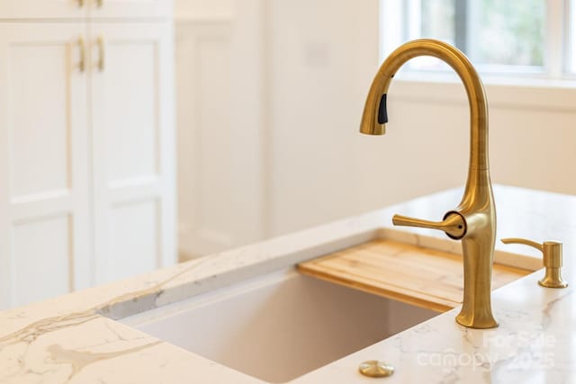 details featuring light stone countertops and a sink