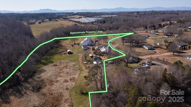 aerial view with a mountain view, a rural view, and a wooded view