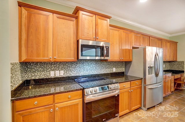 kitchen featuring ornamental molding, brown cabinetry, backsplash, and stainless steel appliances