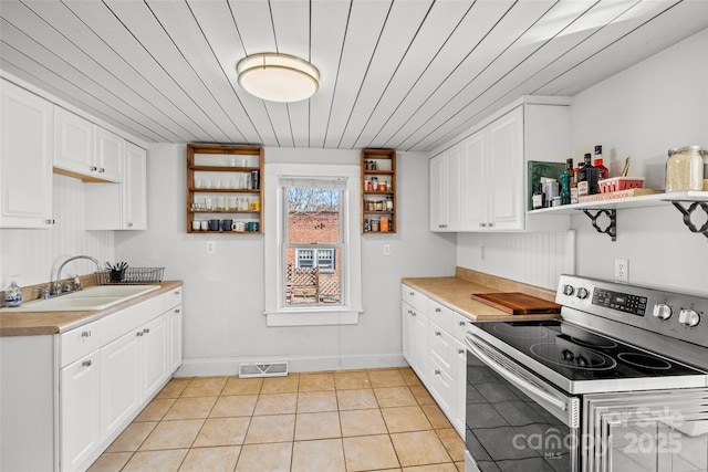 kitchen featuring open shelves, electric range, visible vents, and a sink