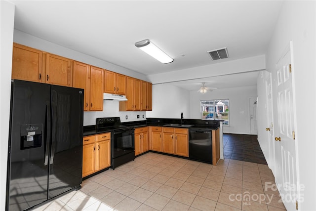 kitchen with visible vents, a peninsula, a sink, black appliances, and under cabinet range hood