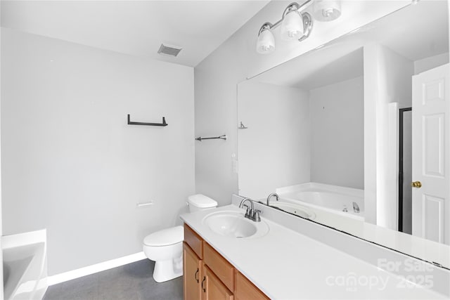 full bath with toilet, a bath, baseboards, and visible vents