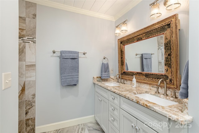 full bathroom featuring double vanity, ornamental molding, baseboards, and a sink