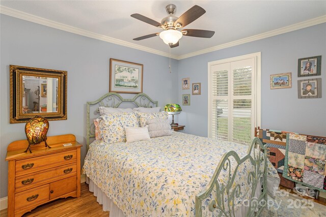 bedroom with access to exterior, ornamental molding, a ceiling fan, and light wood finished floors