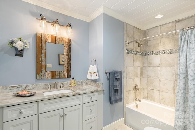 full bath featuring vanity, shower / tub combo, baseboards, and ornamental molding