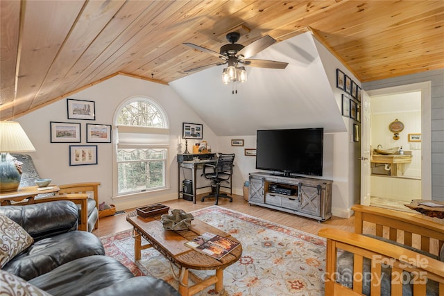 living room with a ceiling fan, wood finished floors, baseboards, lofted ceiling, and wooden ceiling