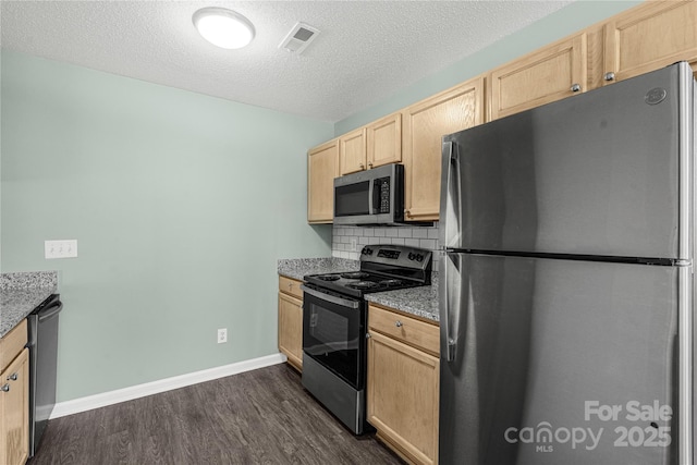8421 Kings Creek Dr, Charlotte, NC 28273 - kitchen with visible vents, light brown cabinets, decorative backsplash, dark wood-style floors, and stainless steel appliances