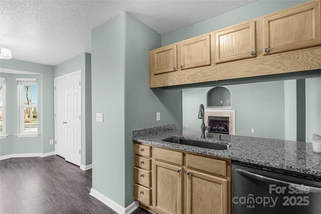 8421 Kings Creek Dr, Charlotte, NC 28273 - kitchen with light brown cabinets, a sink, dark wood-style floors, baseboards, and dishwasher