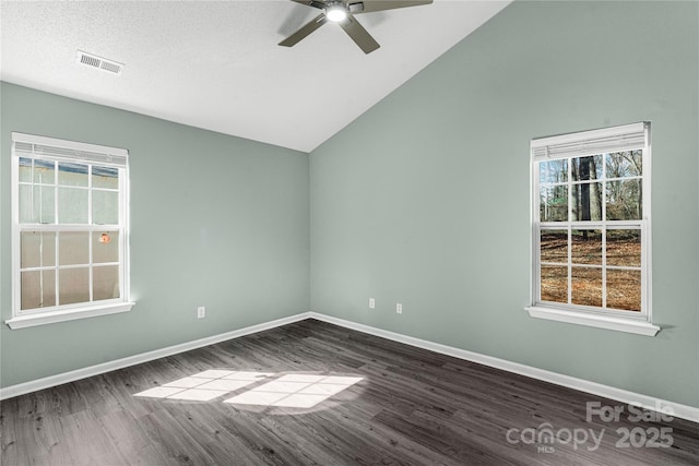 8421 Kings Creek Dr, Charlotte, NC 28273 - empty room featuring vaulted ceiling, a ceiling fan, visible vents, and baseboards