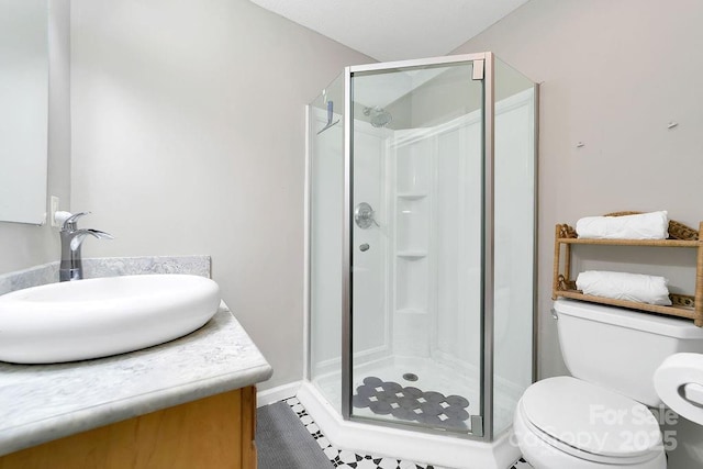 bathroom with a stall shower, toilet, and vanity