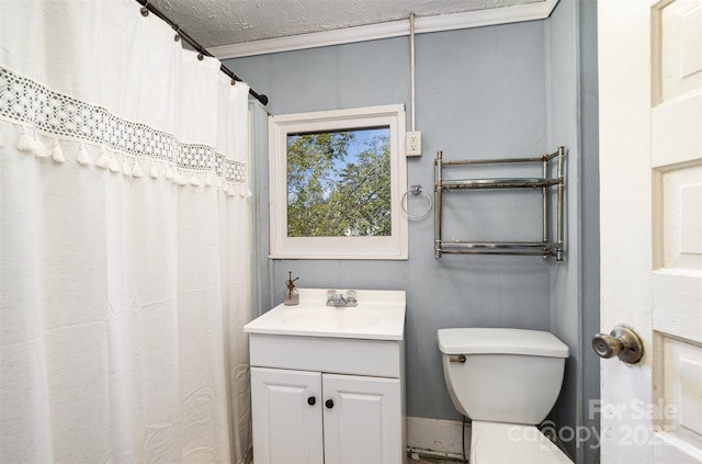 full bathroom with toilet, a textured ceiling, and vanity