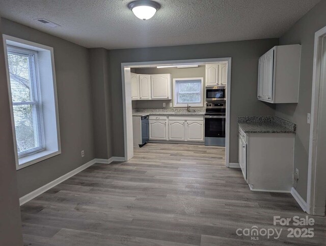 kitchen with visible vents, a sink, appliances with stainless steel finishes, white cabinetry, and a wealth of natural light