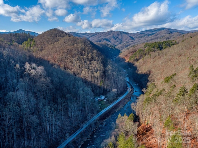 aerial view featuring a mountain view and a view of trees