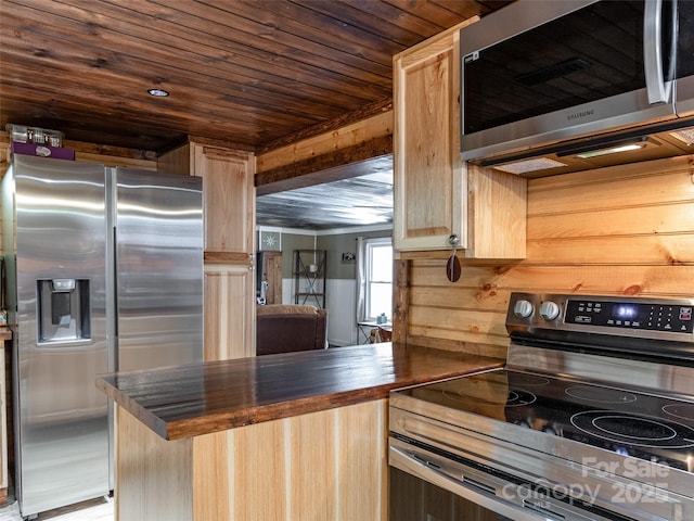 kitchen with light brown cabinetry, wood counters, stainless steel appliances, and wood ceiling