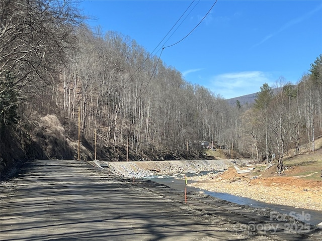 view of street featuring a wooded view