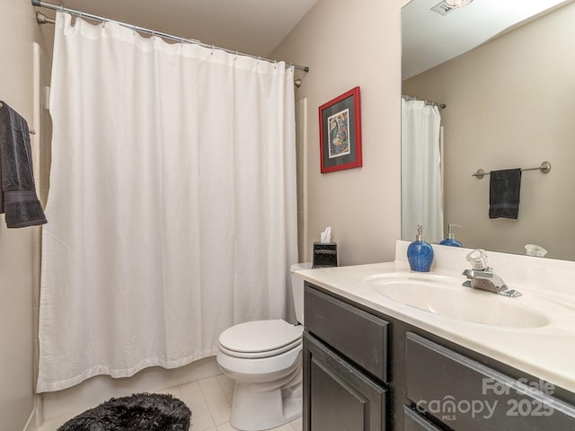 bathroom featuring a shower with shower curtain, toilet, tile patterned flooring, and vanity