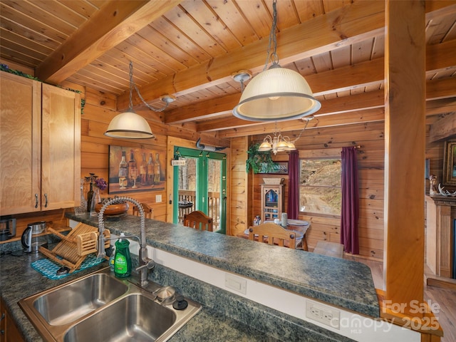 kitchen featuring beamed ceiling, a sink, dark countertops, wooden walls, and wooden ceiling