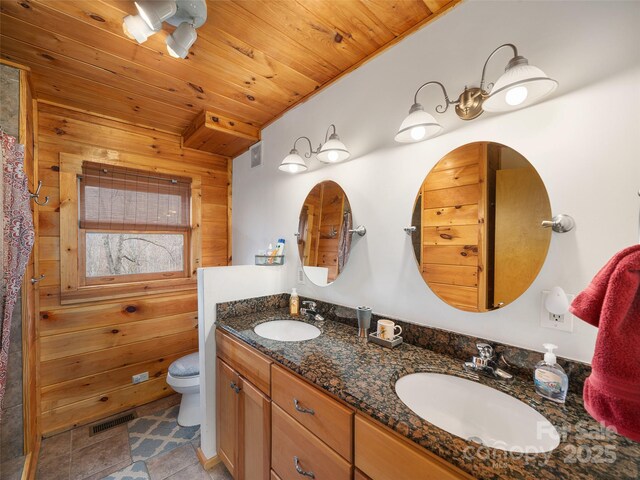 bathroom with visible vents, wooden ceiling, and a sink