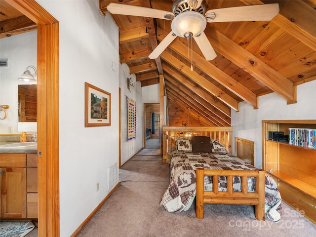 bedroom with vaulted ceiling with beams, wood ceiling, visible vents, and a sink