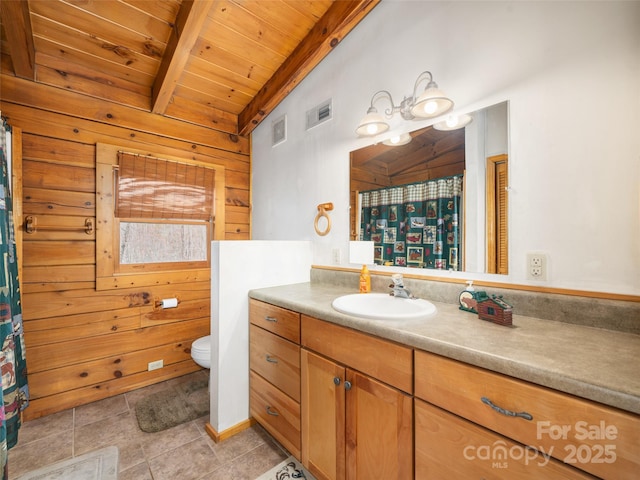 full bath featuring visible vents, beam ceiling, wood walls, wood ceiling, and vanity