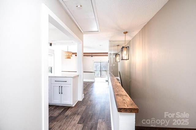 corridor featuring baseboards, dark wood-type flooring, attic access, and a textured ceiling