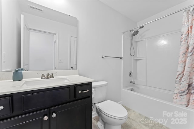 full bath featuring vanity, toilet, shower / bathtub combination with curtain, and visible vents