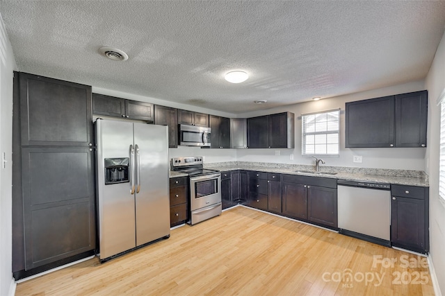 kitchen with light wood-style flooring, visible vents, appliances with stainless steel finishes, and a sink