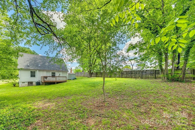 view of yard featuring central air condition unit, a fenced backyard, and a wooden deck