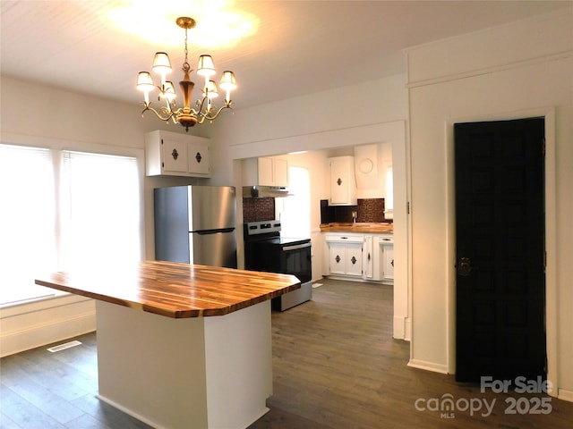 kitchen with backsplash, butcher block countertops, appliances with stainless steel finishes, dark wood-style floors, and white cabinets