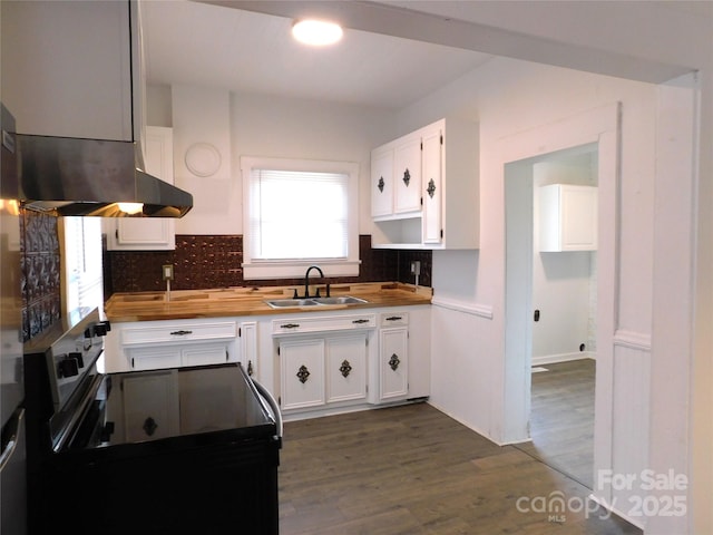 kitchen featuring tasteful backsplash, range with electric cooktop, dark wood-type flooring, white cabinetry, and a sink