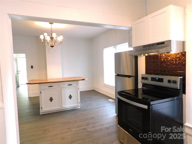 kitchen featuring dark wood finished floors, butcher block countertops, white cabinets, appliances with stainless steel finishes, and under cabinet range hood