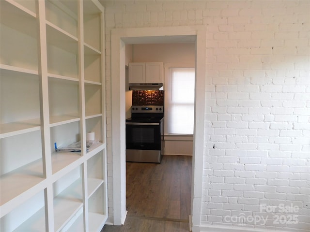 hall featuring dark wood-style flooring and brick wall