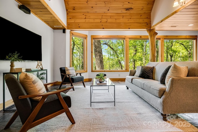 214 Log Gap Rd, Fairview, NC 28730 - living area featuring wood ceiling, high vaulted ceiling, and baseboards