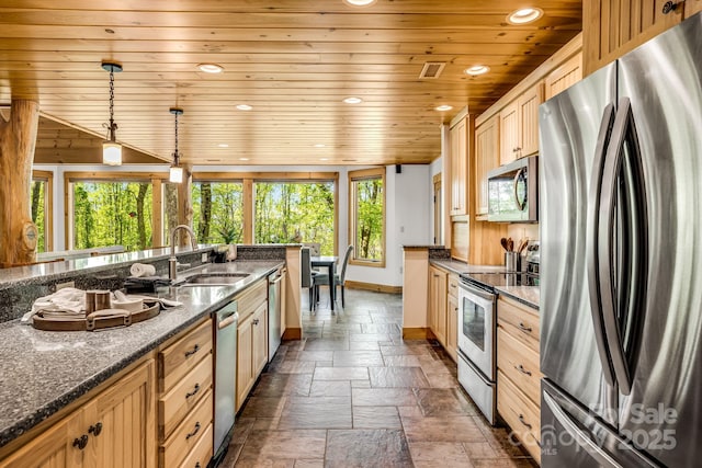 214 Log Gap Rd, Fairview, NC 28730 - kitchen featuring stainless steel appliances, a sink, wooden ceiling, stone tile floors, and recessed lighting
