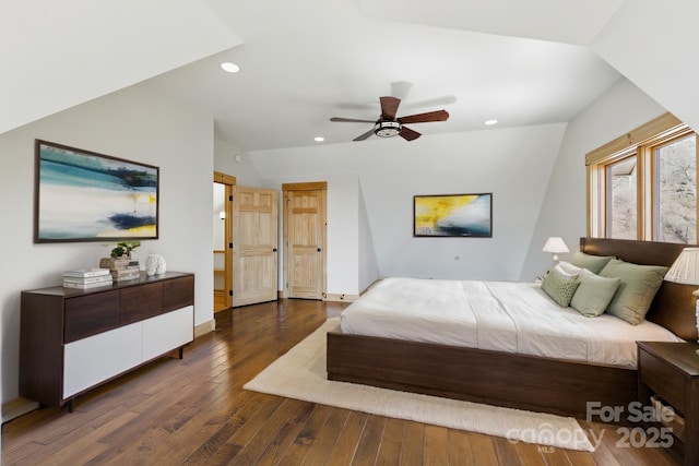 214 Log Gap Rd, Fairview, NC 28730 - bedroom with dark wood-style flooring, recessed lighting, lofted ceiling, baseboards, and a ceiling fan