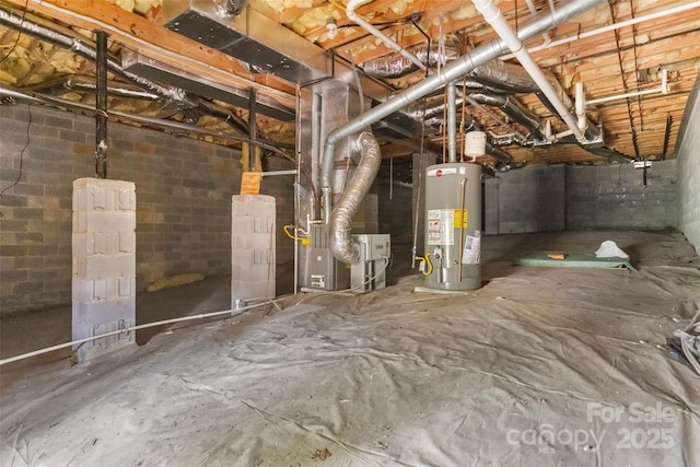 basement with heating unit and water heater