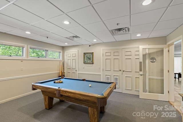 game room with pool table, carpet flooring, visible vents, and wainscoting