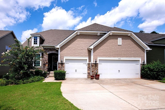 246 Sweet Briar Dr, Fort Mill, SC 29707 - craftsman-style home with a shingled roof, concrete driveway, a front lawn, a garage, and stone siding